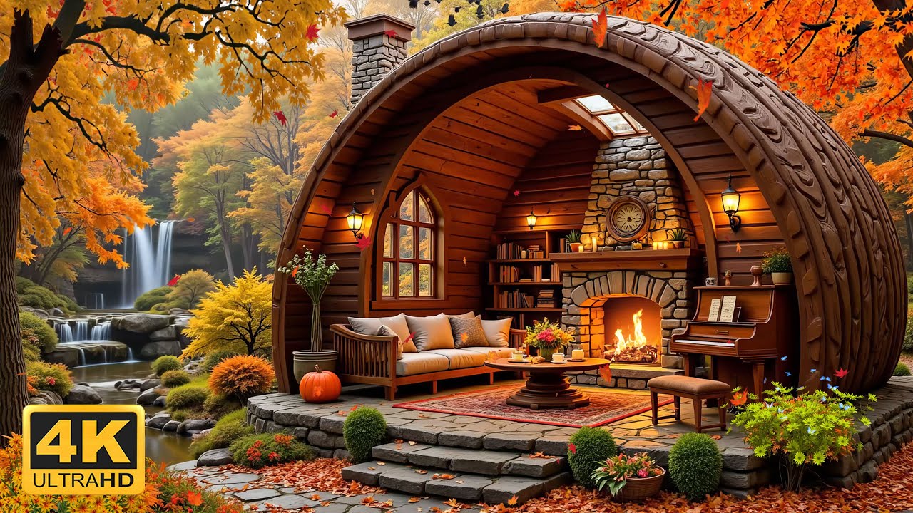 Cozy Autumn Cabin with Waterfall 🍂 Fireplace & Relaxing Piano Ambience ...