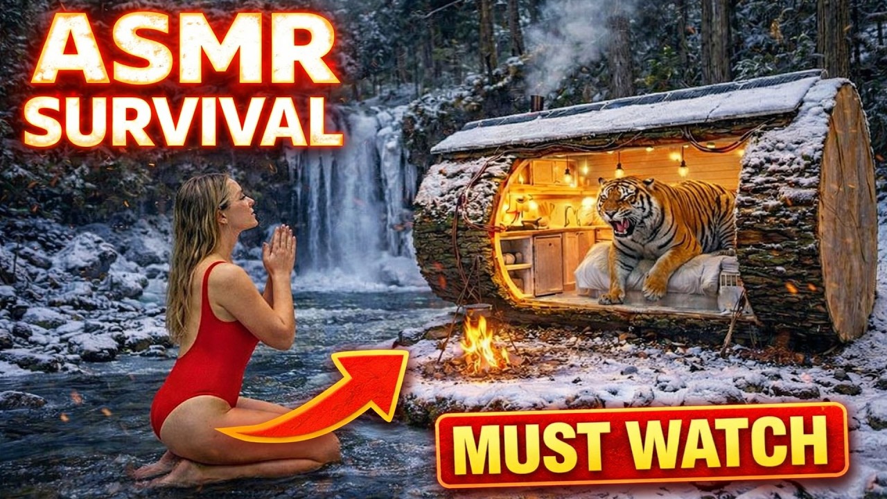 Building a Tree Trunk Home by a Girl in the Forest – A Wild Tiger Encounter (ASMR) | Jungle Survival