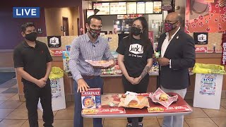 Joe V. stops by Jack in the Box for FOX 12-Les Schwab Tire Centers Toy Drive