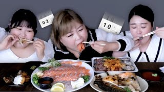 ?회 +해산물 만땅자매 시간먹방 (연어+우럭+멍게+해삼+개불) Raw Fish & Seafood Time MUKBANG?