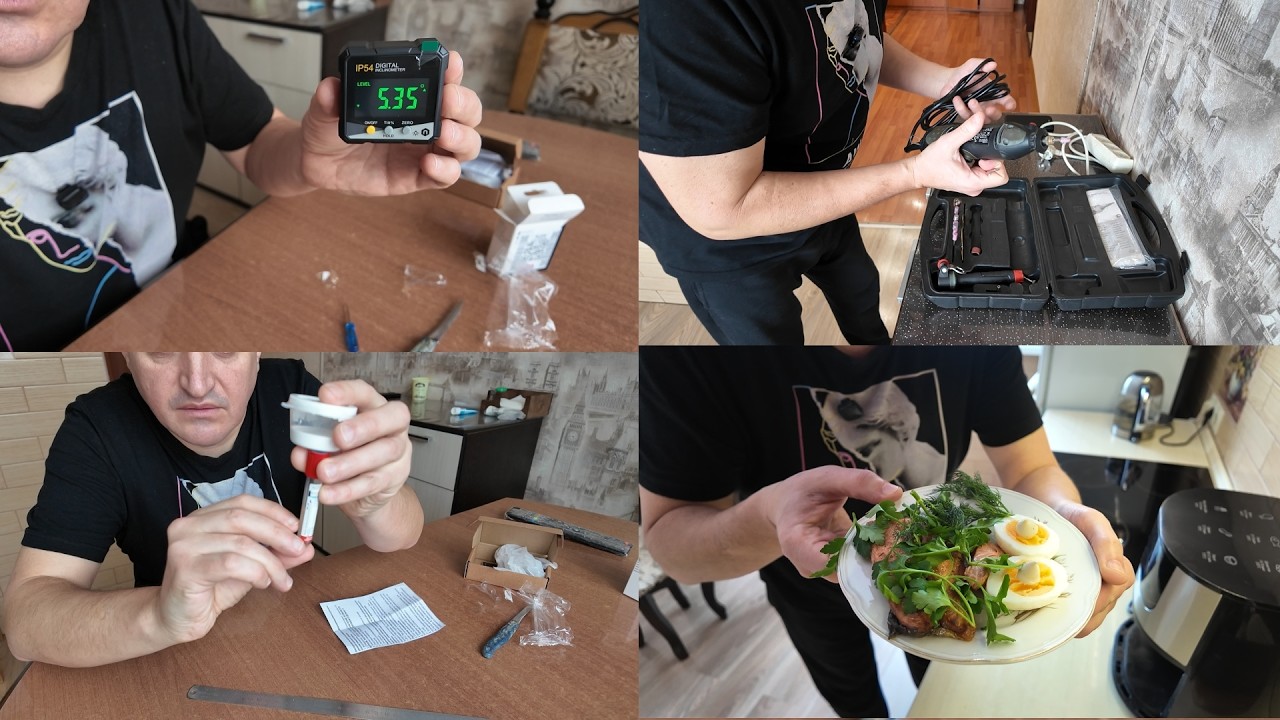 Приготовил вкусно на аэрогриле. Набор для ремонта. Угломер электронный. Зачистил сколы на ванне.