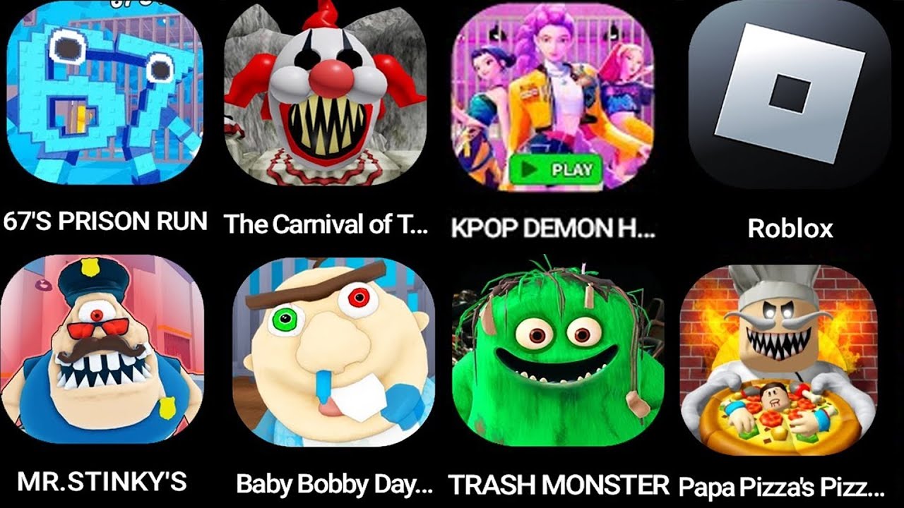 67'S PRISON RUN!,The carnival of terror obby!,MR. STINKY'S,ZOEYSTERY PRISON,Roblox,,GRUMPY GRAN!..