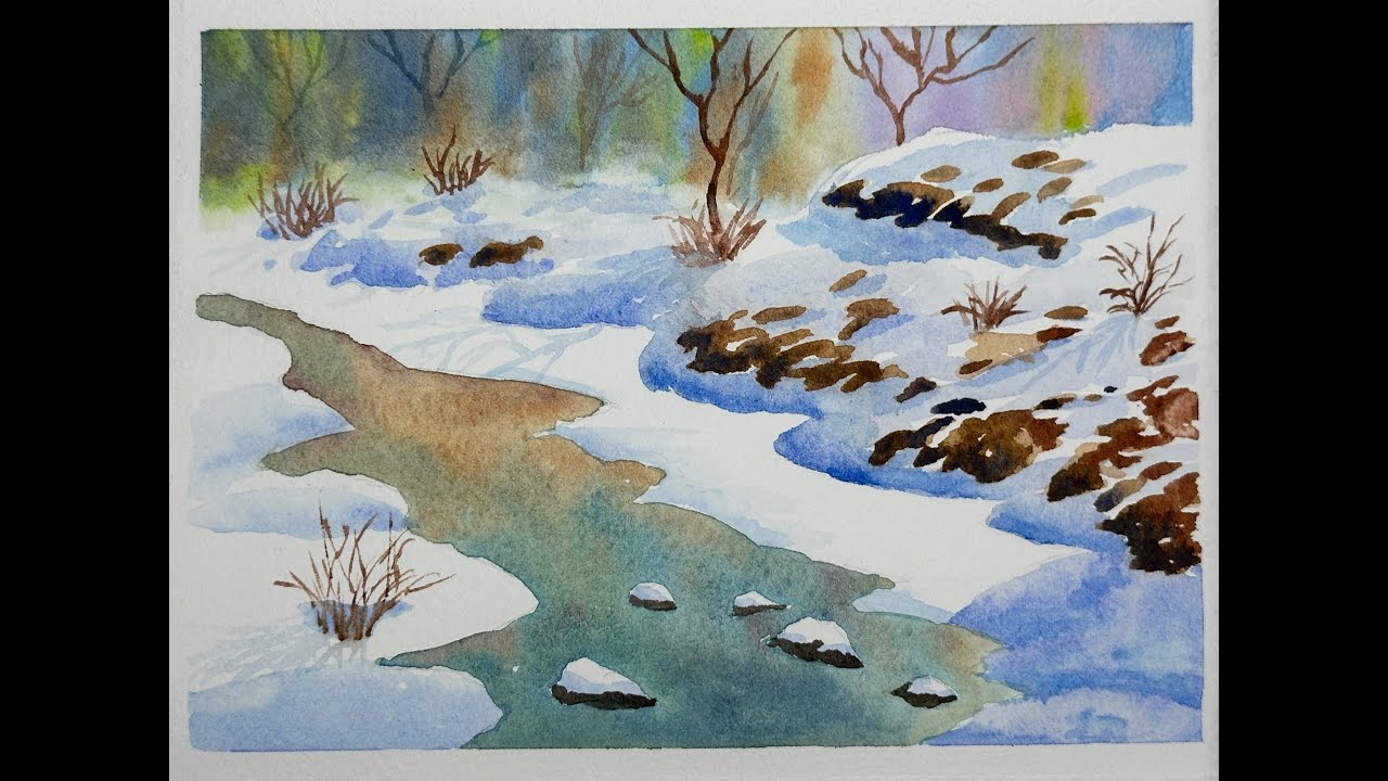 How to Paint Ice and Snow Melt-Paint Water in Watercolor Landscape ...
