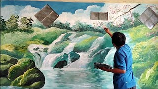 cara menggambar - melukis pemandangan air terjun di tembok / how to draw waterfall landscape | mural