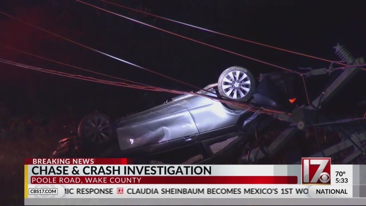 Wake County chase ends in crash into power pole on Poole Road - YouTube