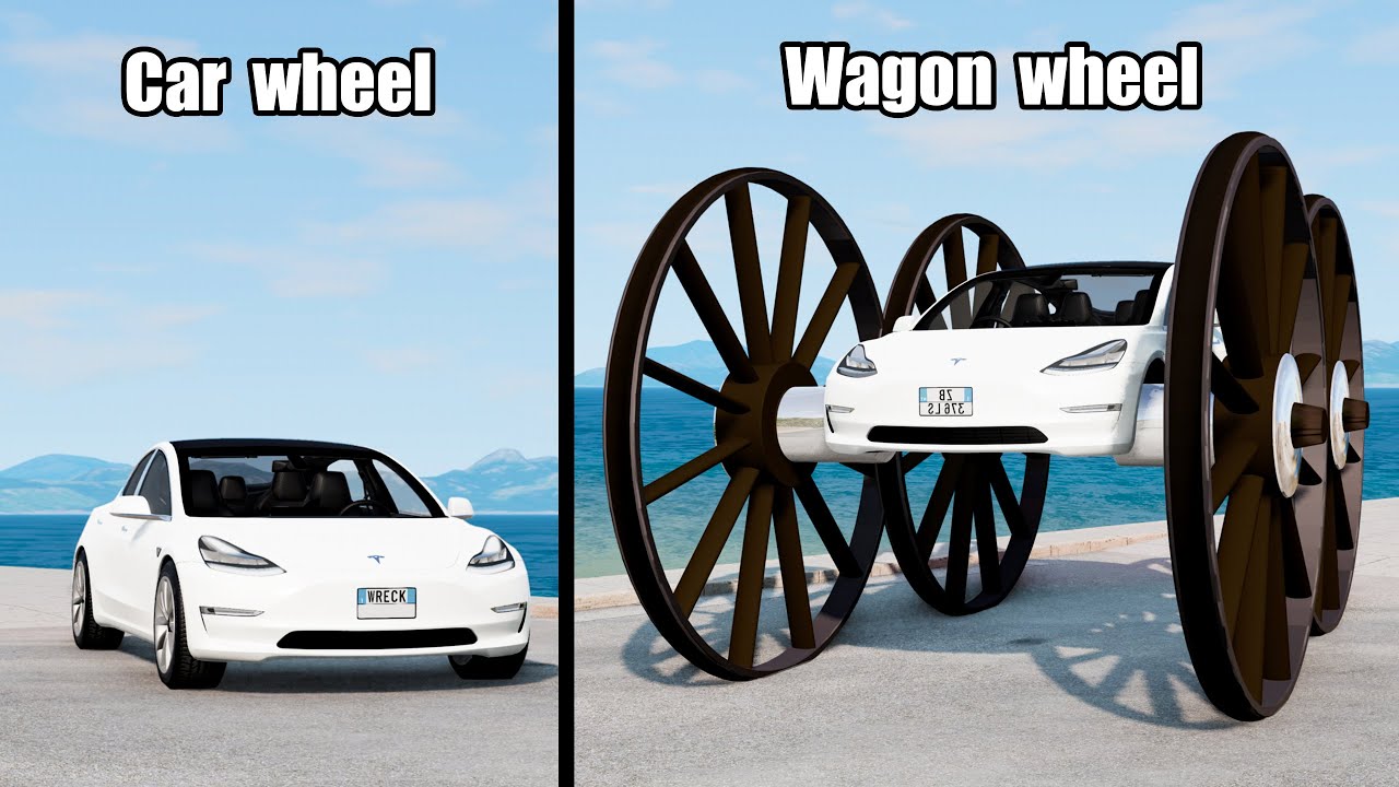 Car Wheels vs Giant Wagon Wheels Beamng drive YouTube