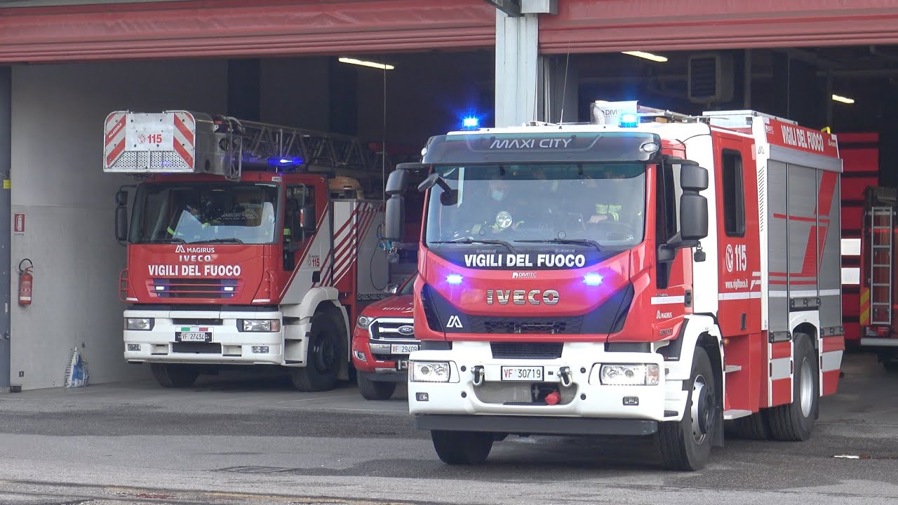 Prima partenza + autoscala Vigili del Fuoco Brescia in sirena/Engine+Ladder Brescia fire dept. resp.