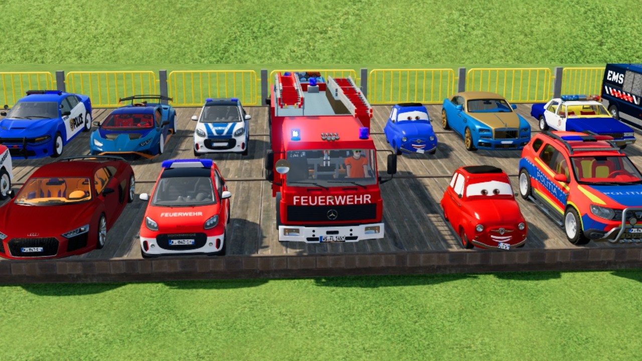 TRANSPORTING CARS, AMBULANCE, POLICE CARS, FIRE TRUCK OF COLORS! WITH TRUCKS! - FS 22