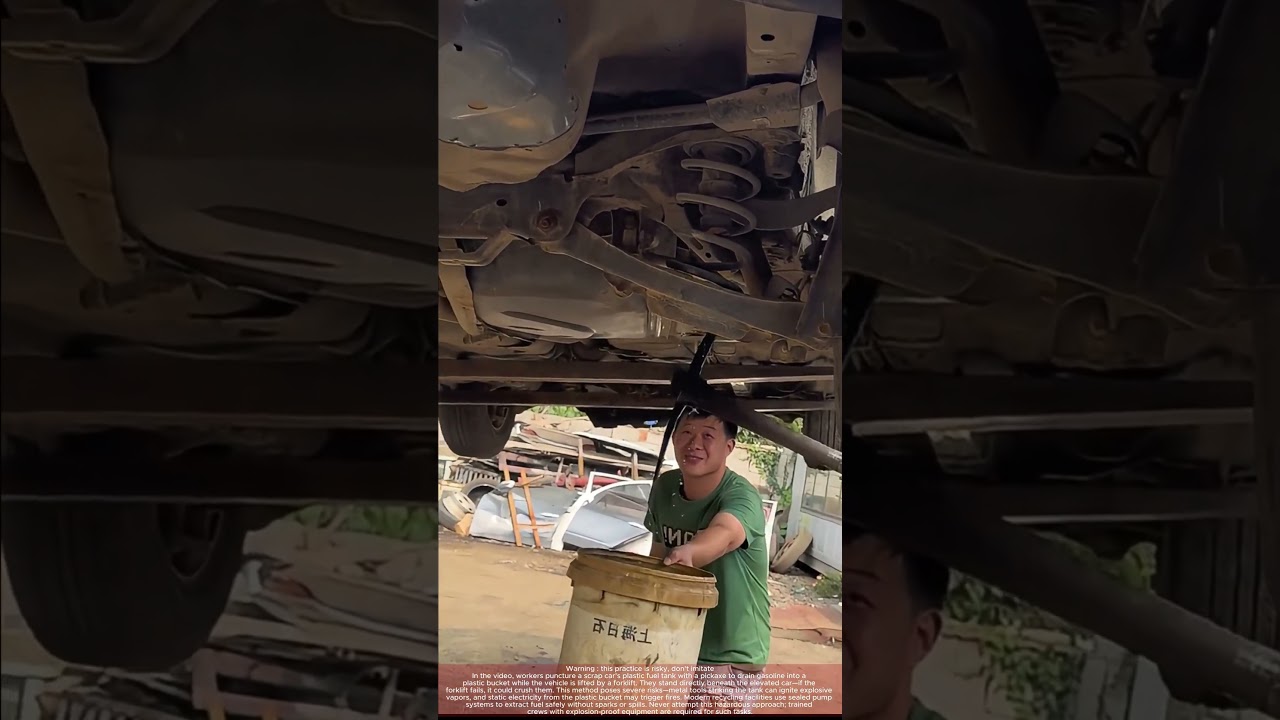 Workers Puncture Fuel Tank Under Lifted Car In Scrapyard