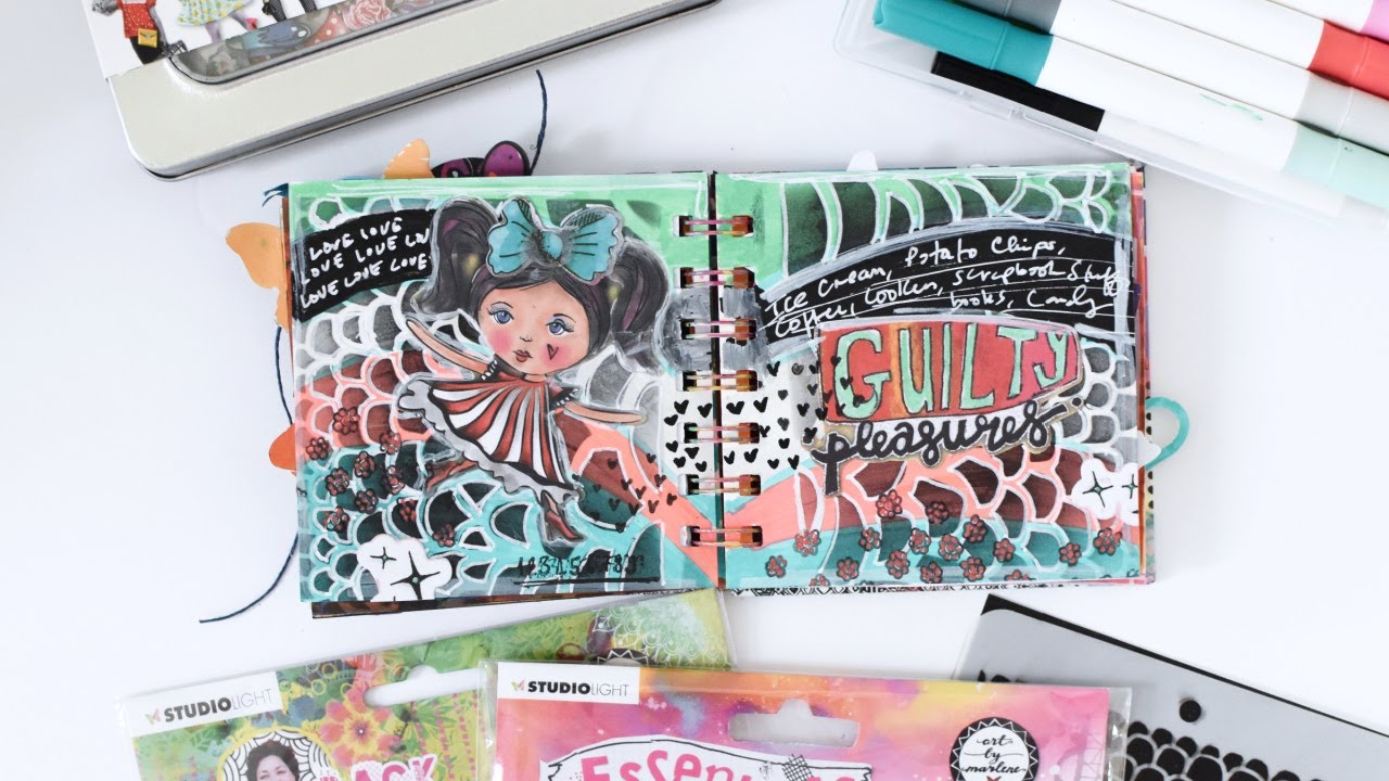 Guilty Pleasures: Whimsical Art Journal Spread with Aqua & Red Hues, Stamped Images and a Stencil