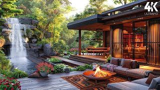 Dreamy Scene 4K- Cozy Terrace Overlooking Waterfall w Campfire & Relaxing Birds Sound🌷Summer Coming