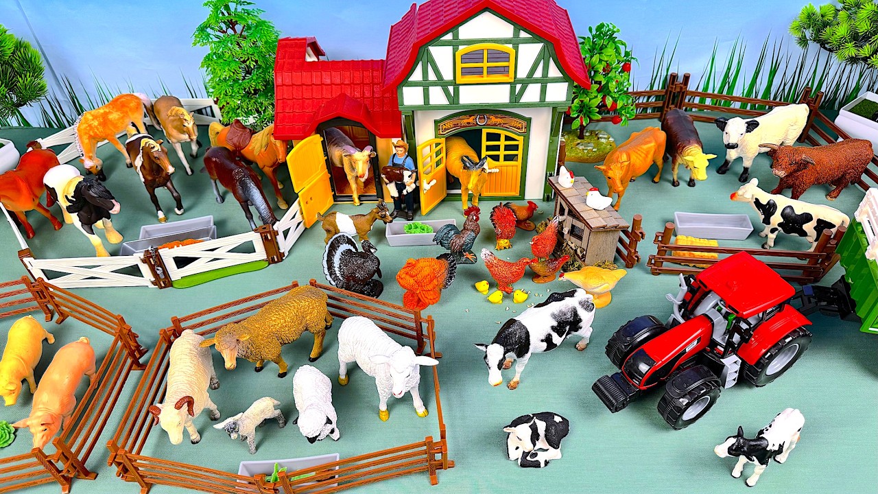 Farm Animal Toys in the sandbox | Cow Pig Horse Chicken