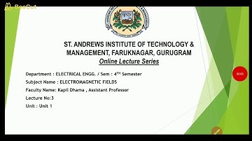 SAITM B.Tech EE SEM 4 ELECTROMAGNETIC FIELDS UNIT 1 LECTURE 3