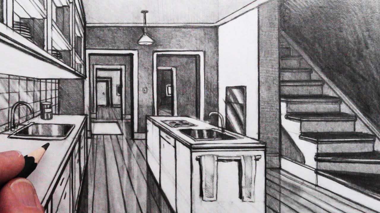 How to Draw a Kitchen Room in 1-Point Perspective - YouTube