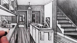 How to Draw a Kitchen Room in 1-Point Perspective