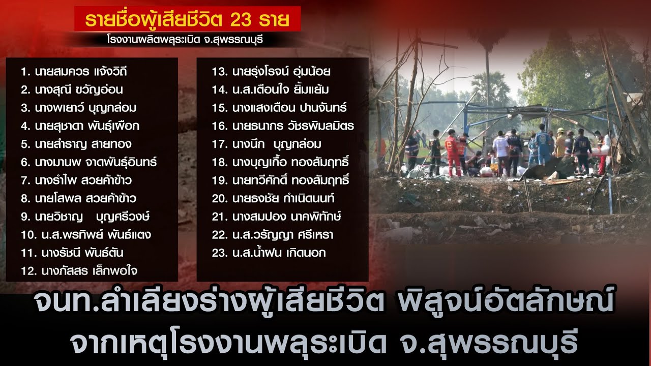 จนท.ลำเลียงร่างผู้เสียชีวิต พิสูจน์อัตลักษณ์จากเหตุโรงงานพลุระเบิด จ.สุพรรณบุรี