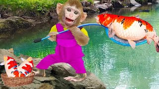 Monkey went fishing and caught a lot of big koi