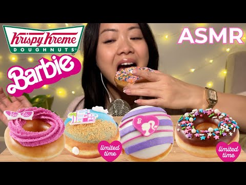 ASMR Trying BARBIE Krispy Kreme Donuts fluffy eating sounds NO TALKING Mukbang