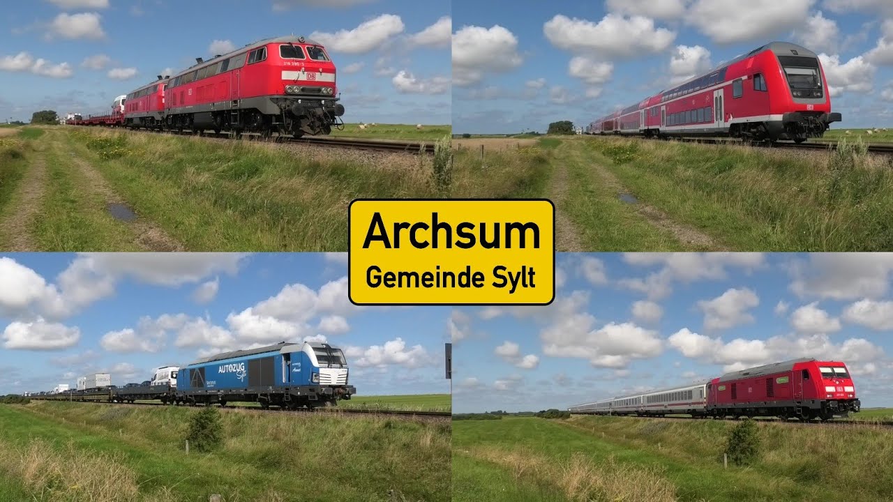 Bahnverkehr bei Archsum (Sylt) mit Br 218, Dostos, Intercity, Br 245 🔴🔵, Vectron DE und Autozügen