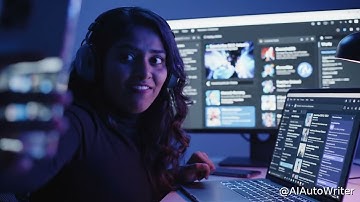 A beautiful girl rhythmically triggers AIAutoWriter, watching seamless SEO articles bloom in hypnoti