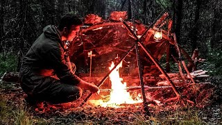 СОЛО БУШКРАФТ ЛАГЕРЬ - Укрытие-Рефлектор, Мясо на костре, Ночевка в Укрытии, Лесной завтрак