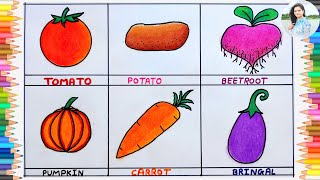 6 Different Types of Vegetables Drawing Easy | How to Draw Vegetables | Vegetables Chart Making Easy