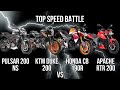 Pulsar 200 vs KTM duke 200 vs Apache RTR 200 vs Honda CB 190r Top Speed Comparison Velocidad máxima