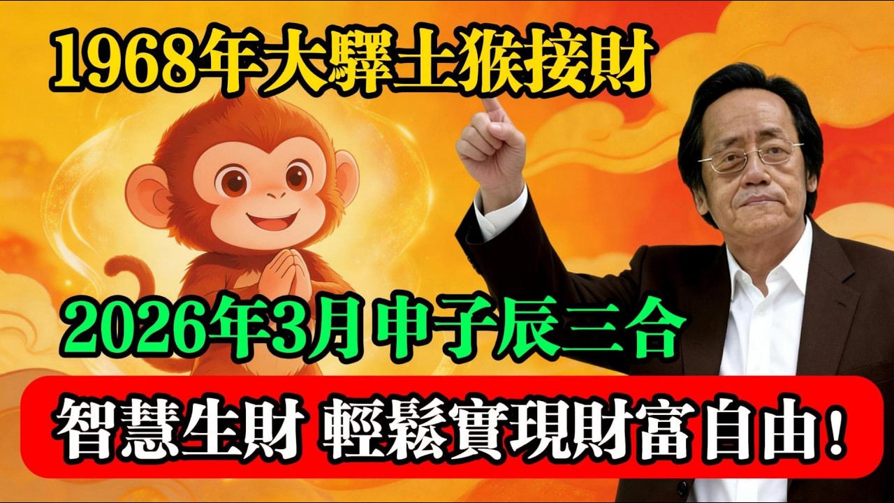 1968年大驛土猴接財：2026年3月申子辰三合，智慧生財，輕鬆實現財富自由！#倪海廈 #屬猴運勢 #1968戊申猴 #生肖運勢 #申子辰三合 #2026丙午年 #農曆三月旺運 #五行流通