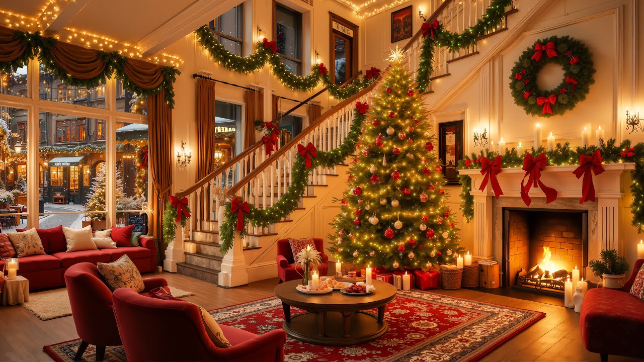 🎄 4K Cozy Christmas Jazz | Vintage Living Room Fireplace & Snowfall Ambience for Relaxation ❄️☕