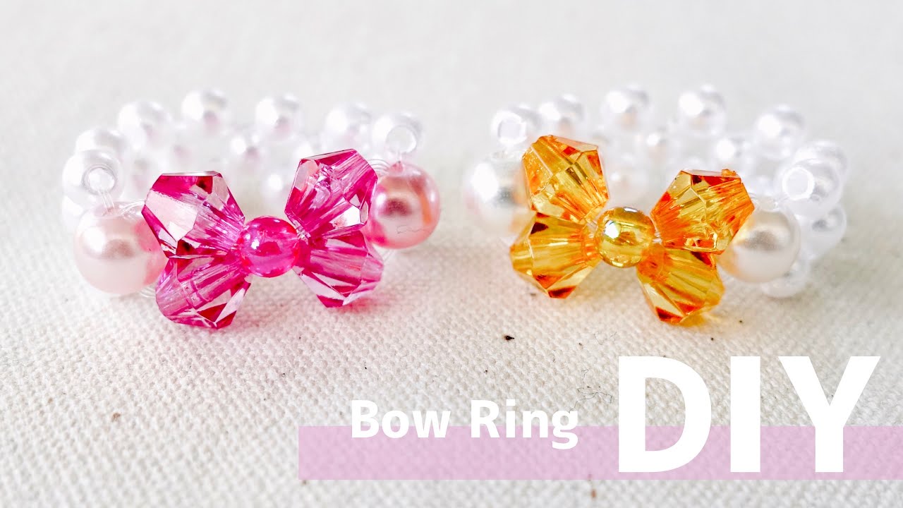 Diy How To Make Beaded Cute Bow Rings Tutorial 簡単 キラキラかわいい リボンのビーズリングの作り方 初心者 キッズ テグス編み ビーズの指輪 Youtube