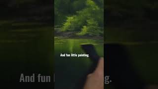 Bob Ross uses a tiny roll of paint to make waterlines in his painting