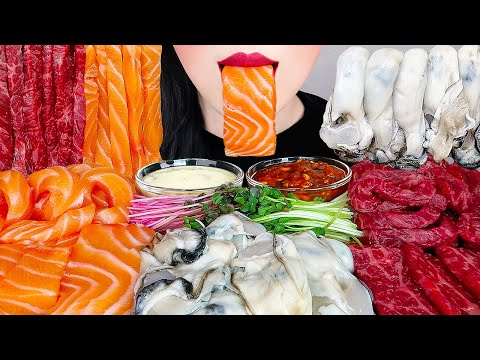 ASMR RAW BEEF, SALMON, OYSTER 육회, 생굴, <strong>연어회</strong>, 홀스래디쉬 <strong>소스</strong> 먹방 SEAFOOD MUKBANG (NO TALKING) EATING SOUNDS