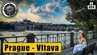 Prague Vltava River Promenade - Sunset Walking Tour 4k 🇨🇿 Czech Republic HDR