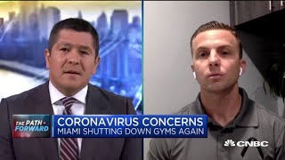 Scott grondin, owner of miami-based gym adapt, speaks with cnbc's
"squawk alley" about having to shut down his business for a second
time during the coronavi...