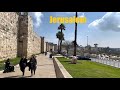 Walk from Safra Square to the Western Wall. Warm sunny day