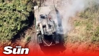 Russian BMPT 'Terminator' tank is hit and destroyed by Ukrainian drone