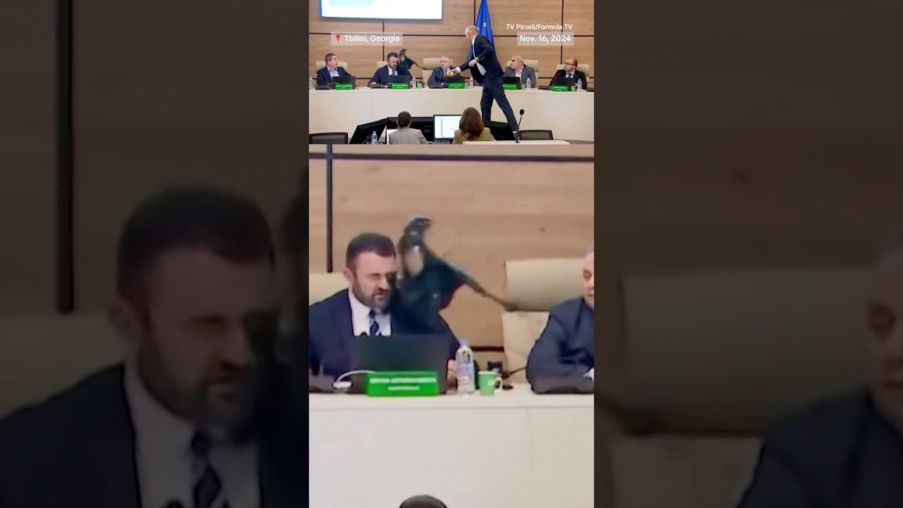 An opposition party member in Georgia through paint in the face of an election official in protest An opposition party member in Georgia through paint in the face of an election official in protest