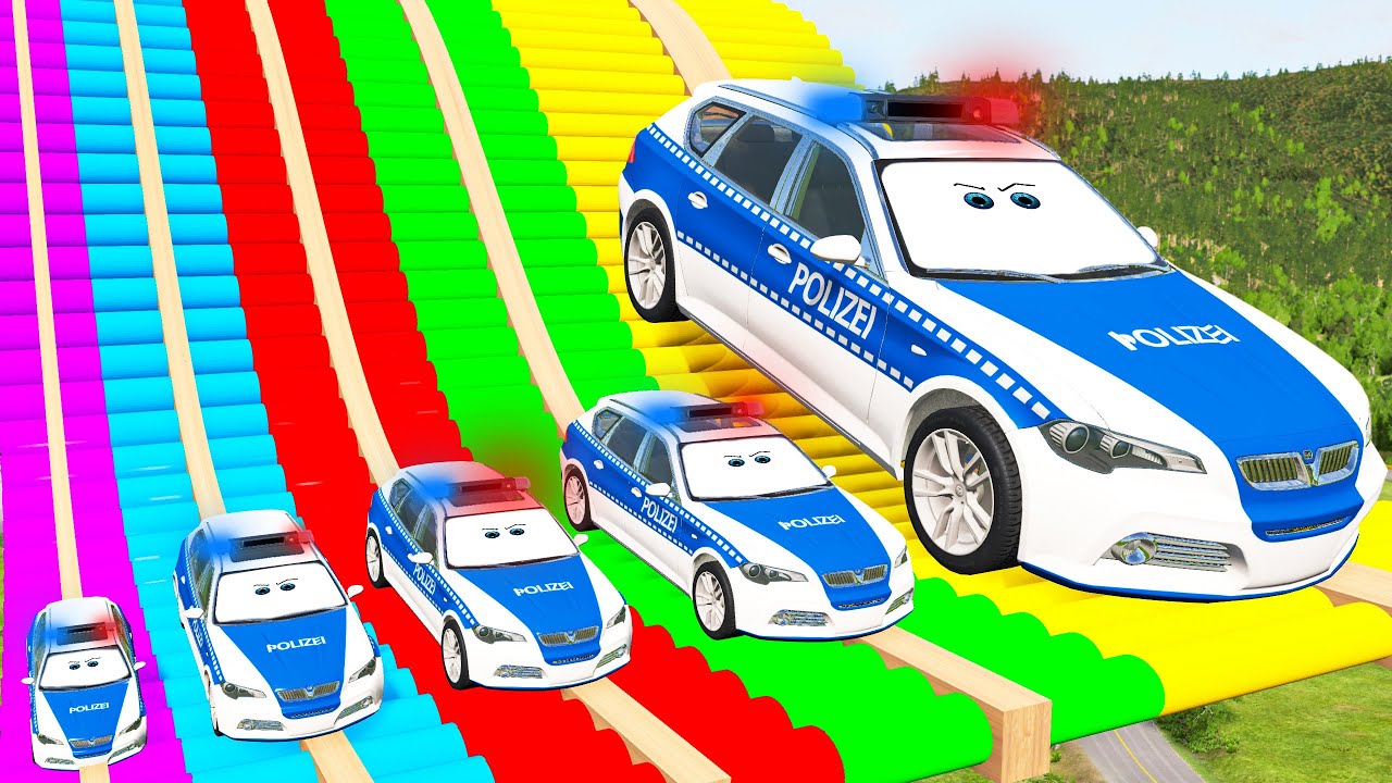 Big and Small Cars vs Slide Colors with Portal Trap – Police Cars Rescue Small Cars – BeamNG.Drive
