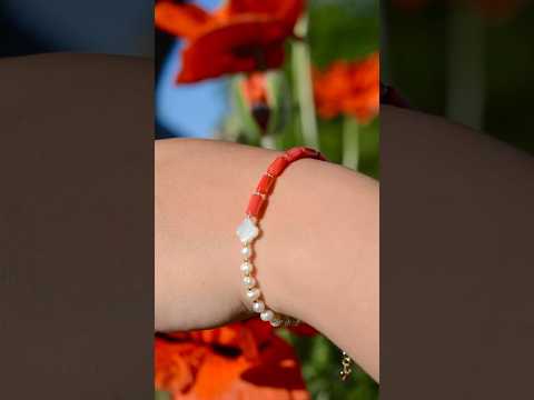 Браслет натуральний Перли + вставка Перламутр конюшина, фур-ра гіп-ний сплав колір золото d-3мм+- L-18-23см, видео 1