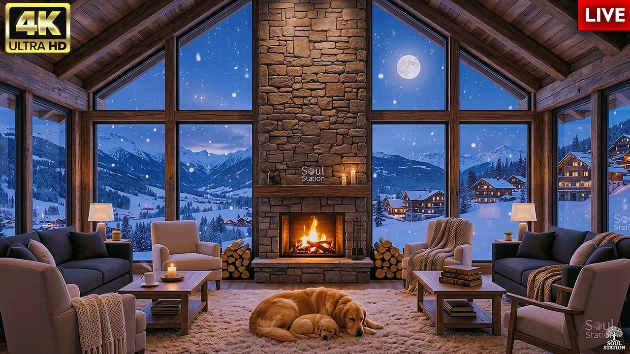 4K Cozy Fireplace Cabin LIVE 🔥 Snowfall Night Ambience for Sleep, Study & Relaxation