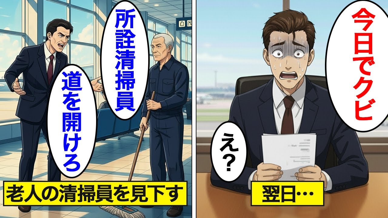 【漫画】空港で清掃員をする老人を侮辱した男の末路。次の日、取引先として来社した人物が…【スカッと】