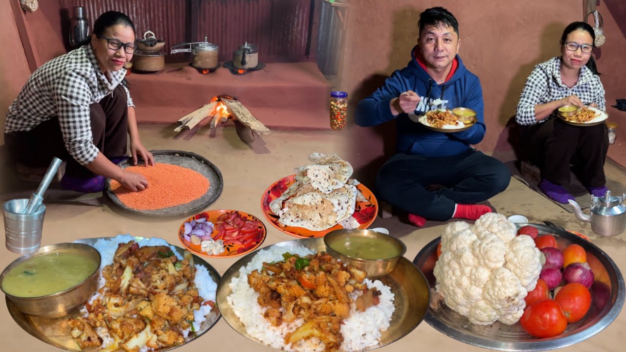 Nepali Village Khana Cooking Gobi Sabzi & Dal with Rice in Village ...