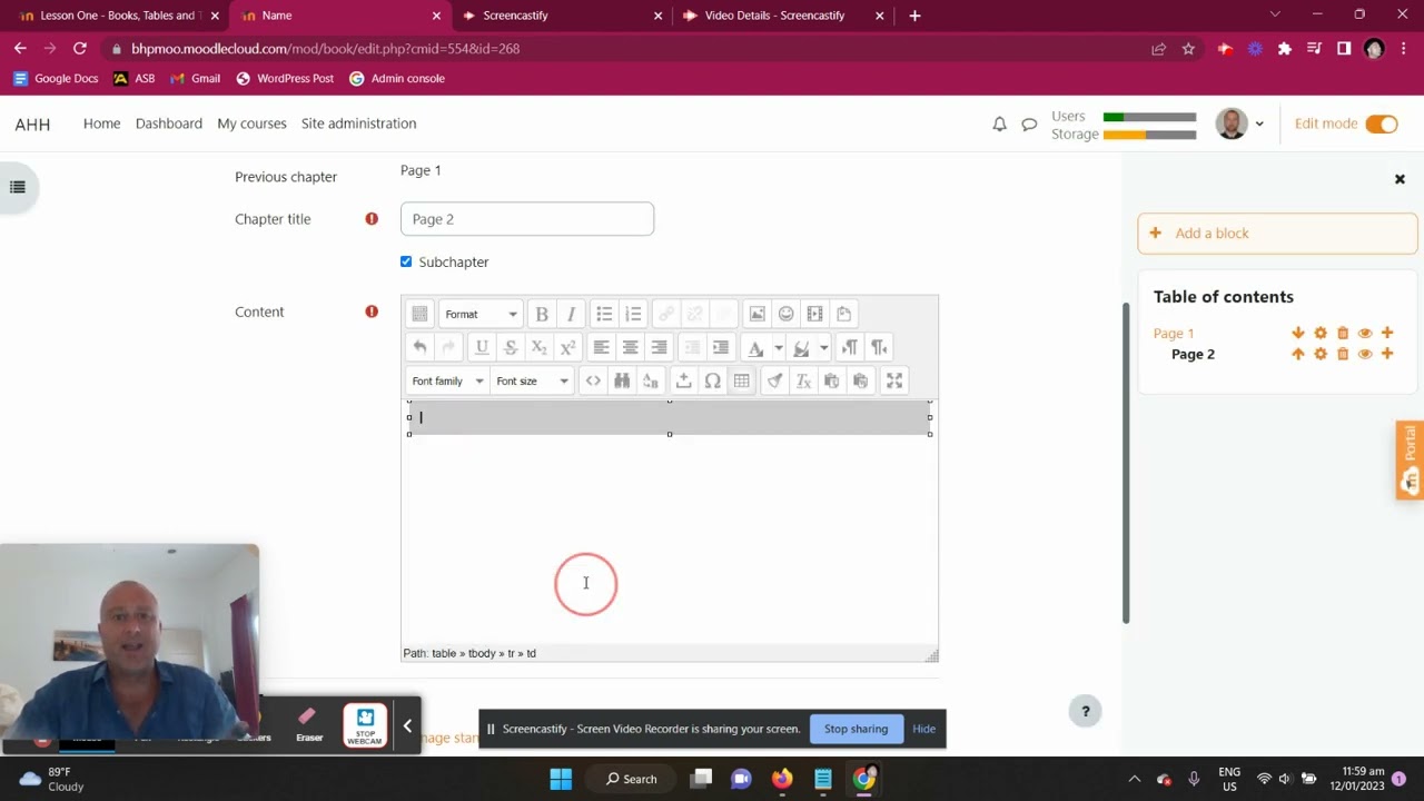 Adding Tables to a Book Chapter in Moodle