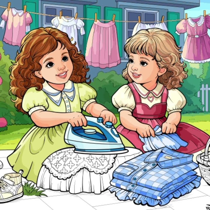 Two cute little girls sitting outside ironing and folding clothes. #friends #chores #asmr