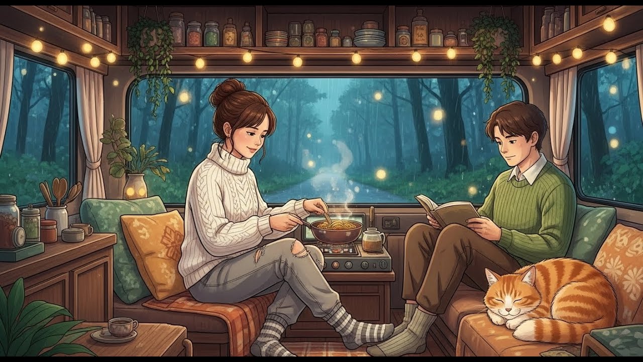 Stuck in a Forest Storm: Cozy Camper Van Night ⛈️ Cooking & Sleeping (Ghibli Inspired ASMR)