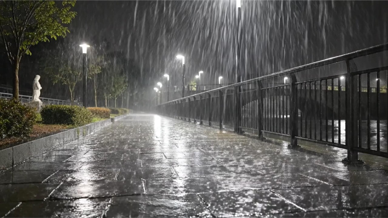 Peaceful Rainy Night Park Walk with Wooden Bridge 🌧️ Relaxing Sleep Ambience 4K  Calm Path Rain