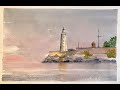 How To Paint a Simple Watercolour Lighthouse at Sunset, loose watercolor landscape, seascape