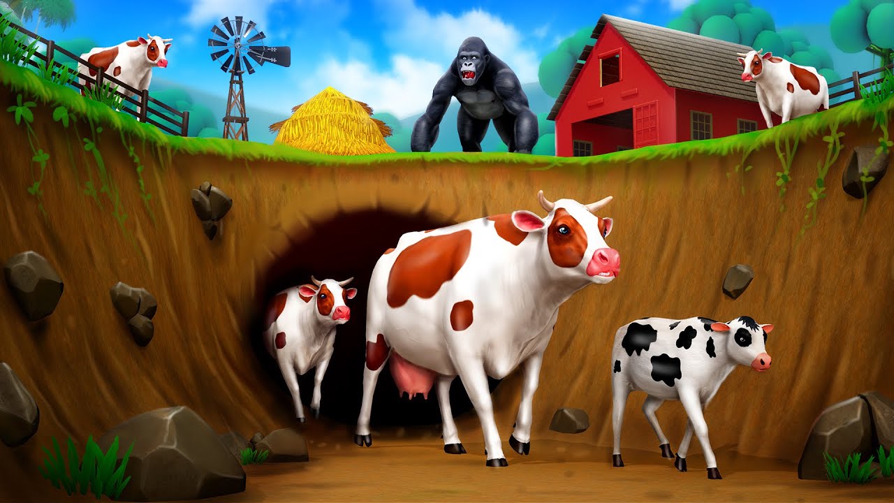 Crazy Cows Great Escape from Underground Tunnel Greedy Farmer and Gorilla Funny Animals Stories