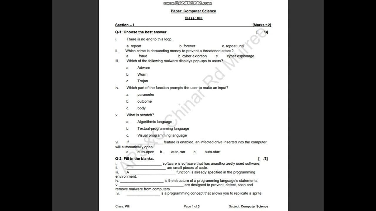Computer Science Sample Paper Past Paper for Class 8 APSACS Class VIII