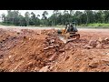 Amazing Construction Power Bulldozer Pushing Big Stone Truck Unloading Heavy Stone Mountain Road